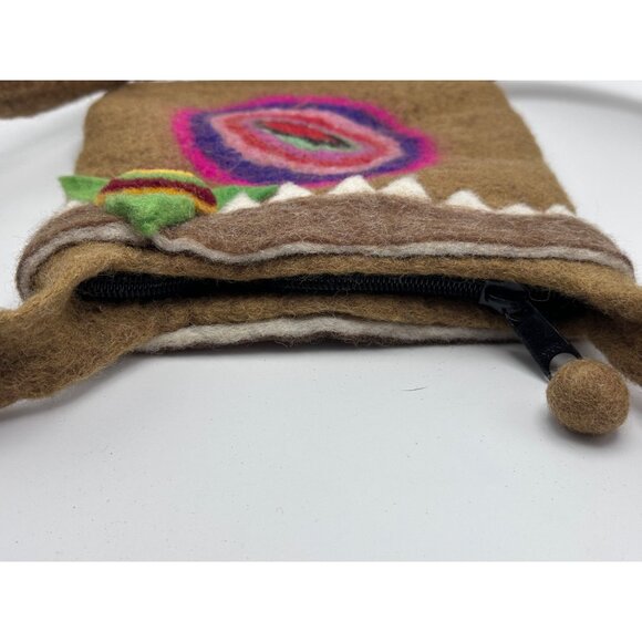 Handmade Wool Felt Crossbody Bag Colorful Spiral Design Leaf Accent Nepal - Picture 10 of 13